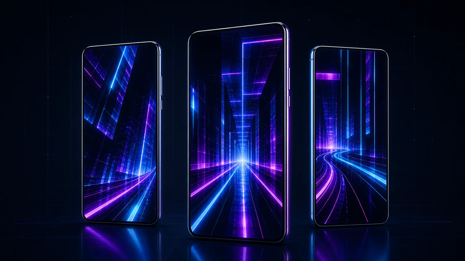 Three portrait device frames containing abstract NeonScape pre-release artwork